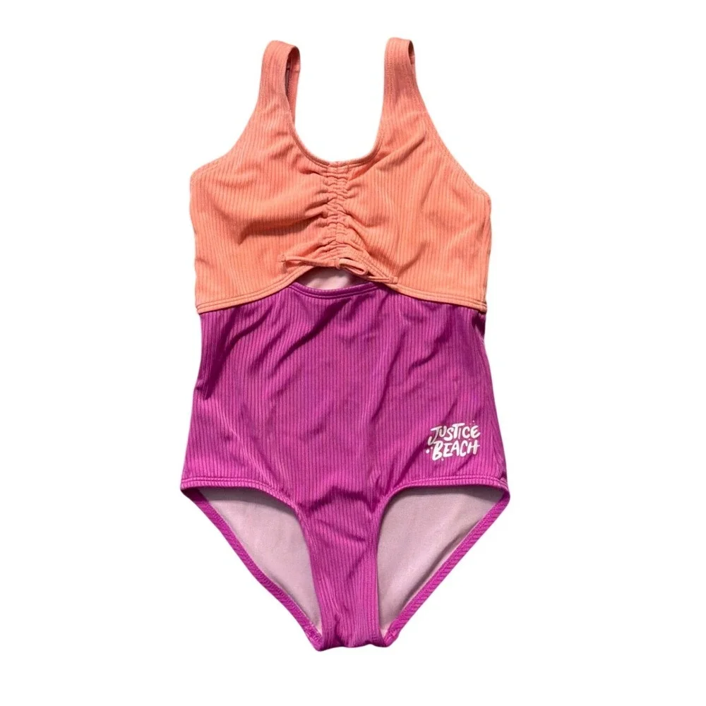 Justice Girls Coral Purple Ribbed Colorblock Cutout‎ One Piece Swimsuit Size 10